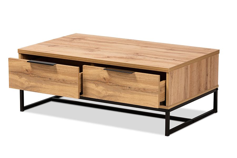 baxton studio franklin modern and contemporary oak brown finished wood and black finished metal 2 drawer coffee table | Modish Furniture Store-3