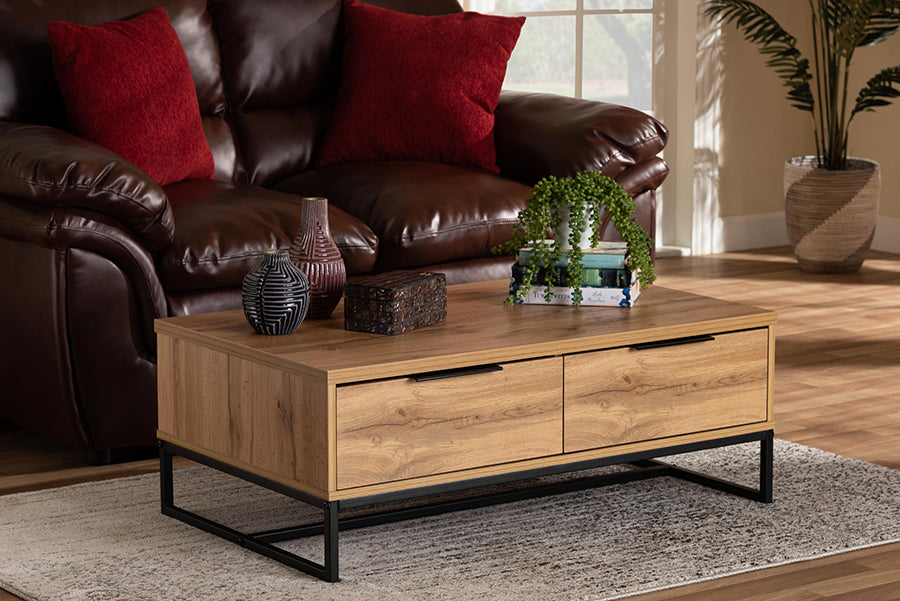 Baxton Studio Franklin Modern and Contemporary Oak Brown Finished Wood and Black Finished Metal 2-Drawer Coffee Table | Modishstore | Coffee Tables
