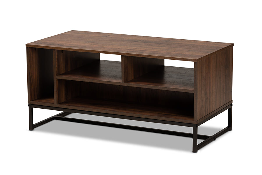 baxton studio flannery modern and contemporary walnut brown finished wood and black finished metal coffee table | Modish Furniture Store-2