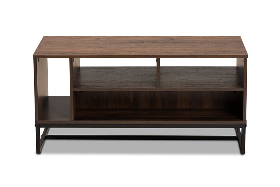 baxton studio flannery modern and contemporary walnut brown finished wood and black finished metal coffee table | Modish Furniture Store-3