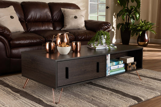 Baxton Studio Baldor Modern and Contemporary Dark Brown Finished Wood and Rose Gold-Tone Finished Metal 2-Drawer Coffee Table | Modishstore | Coffee Tables