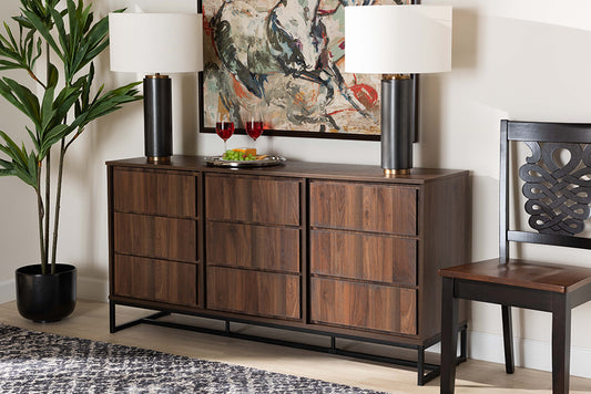 Baxton Studio Neil Modern and Contemporary Walnut Brown Finished Wood and Black Finished Metal 3-Door Dining Room Sideboard Buffet | Modishstore | Sideboards