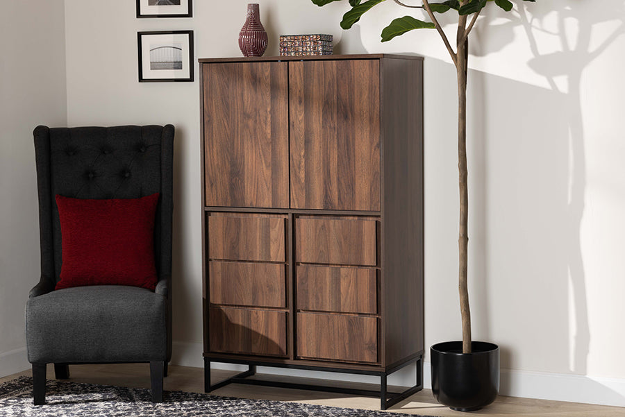 Baxton Studio Neil Modern and Contemporary Walnut Brown Finished Wood and Black Finished Metal Multipurpose Storage Cabinet | Modishstore | Cabinets