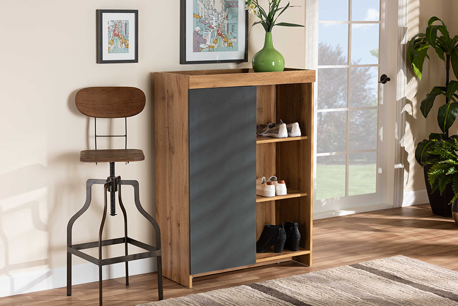 Baxton Studio Caspian Modern and Contemporary Two-Tone Grey and Oak Brown Finished Wood Shoe Cabinet | Modishstore | Cabinets