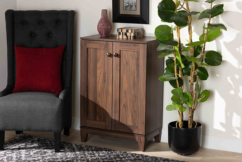 Baxton Studio Nissa Modern and Contemporary Walnut Brown Finished Wood 2-Door Shoe Storage Cabinet | Modishstore | Cabinets