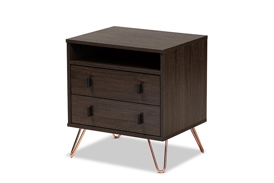 baxton studio glover modern and contemporary dark brown finished wood and rose gold tone finished metal 2 drawer nightstand | Modish Furniture Store-2