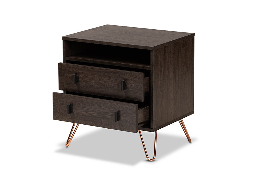 baxton studio glover modern and contemporary dark brown finished wood and rose gold tone finished metal 2 drawer nightstand | Modish Furniture Store-3