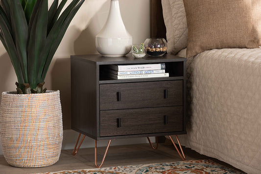 Baxton Studio Glover Modern and Contemporary Dark Brown Finished Wood and Rose Gold-Tone Finished Metal 2-Drawer Nightstand | Modishstore | Nightstands