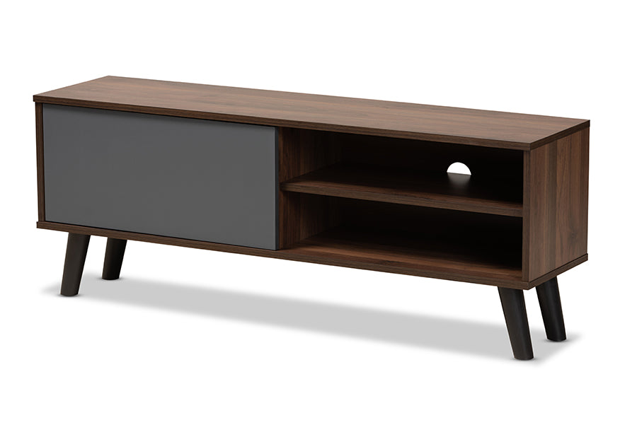 baxton studio mallory modern and contemporary two tone walnut brown and grey finished wood tv stand | Modish Furniture Store-2