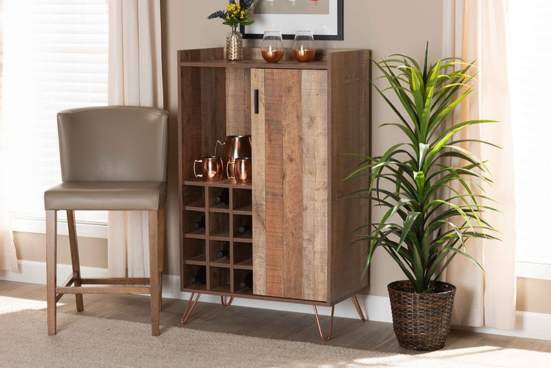 Baxton Studio Mathis Modern and Contemporary Rustic Brown Finished Wood and Rose Gold Finished Metal Wine Storage Cabinet | Modishstore | Cabinets