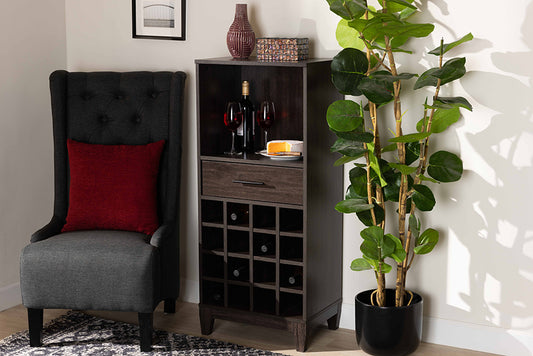 Baxton Studio Trenton Modern and Contemporary Dark Brown Finished Wood 1-Drawer Wine Storage Cabinet | Modishstore | Cabinets
