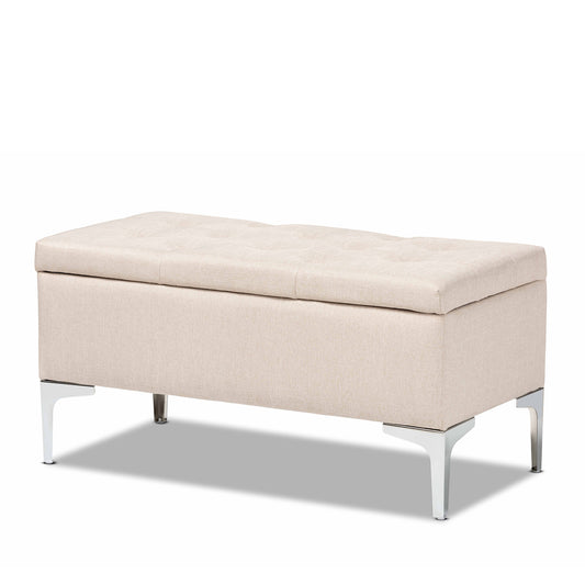 Baxton Studio Mabel Modern and Contemporary Transitional Beige Fabric Upholstered and Silver Finished Metal Storage Ottoman | Ottomans | Modishstore