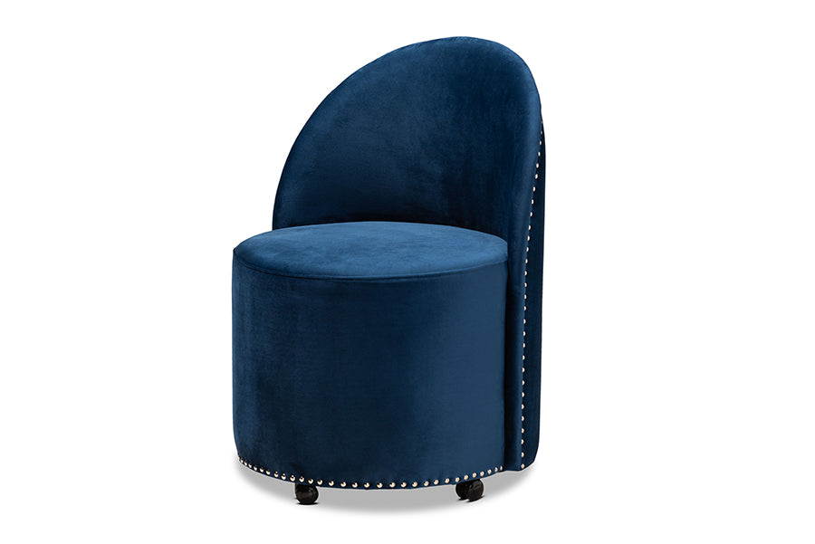 baxton studio bethel glam and luxe navy blue velvet fabric upholstered rolling accent chair | Modish Furniture Store-2