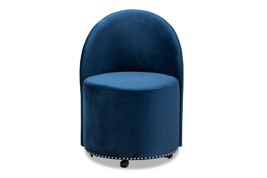 baxton studio bethel glam and luxe navy blue velvet fabric upholstered rolling accent chair | Modish Furniture Store-3