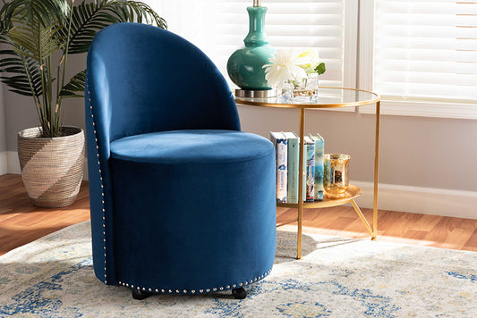 Baxton Studio Bethel Glam and Luxe Navy Blue Velvet Fabric Upholstered Rolling Accent Chair | Modishstore | Accent Chairs