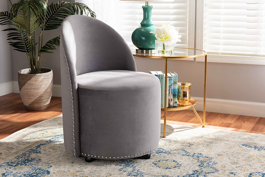 Baxton Studio Bethel Glam and Luxe Grey Velvet Fabric Upholstered Rolling Accent Chair | Modishstore | Accent Chairs