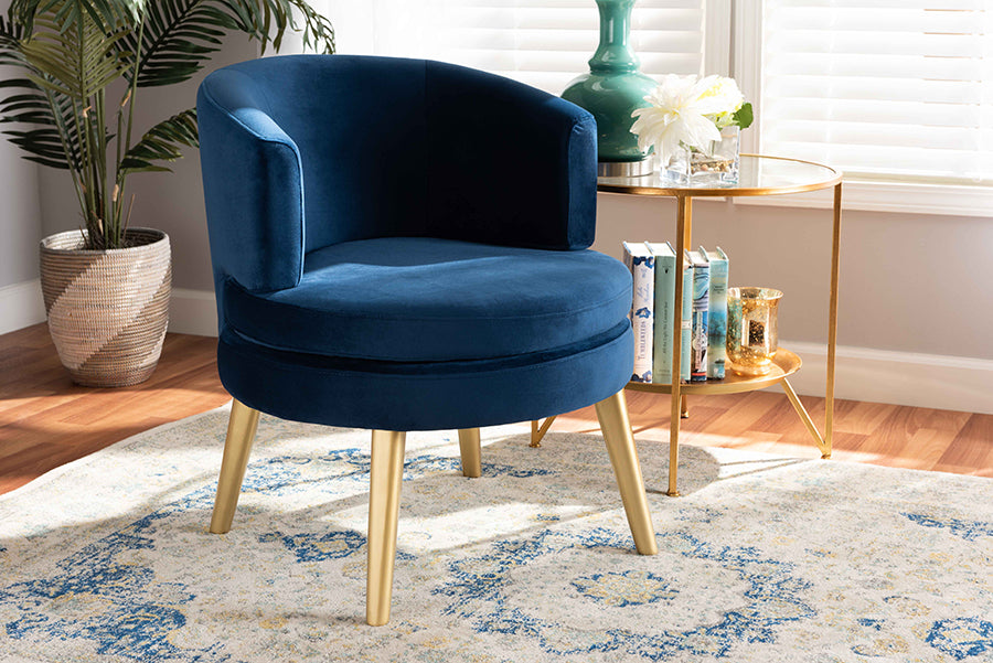 Baxton Studio Baptiste Glam and Luxe Navy Blue Velvet Fabric Upholstered and Gold Finished Wood Accent Chair | Modishstore | Accent Chairs