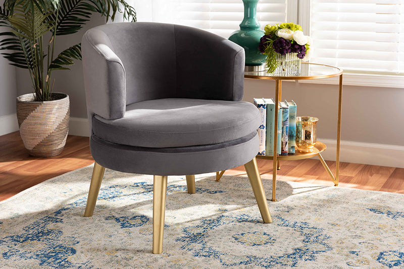 Baxton Studio Baptiste Glam and Luxe Grey Velvet Fabric Upholstered and Gold Finished Wood Accent Chair | Modishstore | Accent Chairs