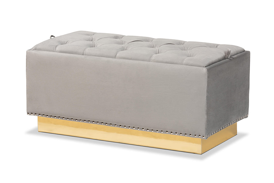 baxton studio powell glam and luxe grey velvet fabric upholstered and gold pu leather storage ottoman | Modish Furniture Store-2