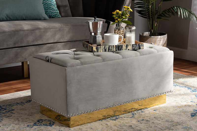 Baxton Studio Powell Glam and Luxe Grey Velvet Fabric Upholstered and Gold PU Leather Storage Ottoman | Modishstore | Ottomans