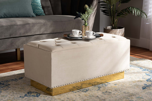 Baxton Studio Powell Glam and Luxe Beige Velvet Fabric Upholstered and Gold PU Leather Storage Ottoman | Modishstore | Ottomans