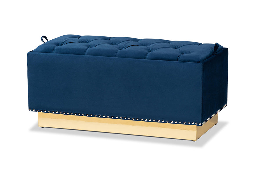 baxton studio powell glam and luxe navy blue velvet fabric upholstered and gold pu leather storage ottoman | Modish Furniture Store-2