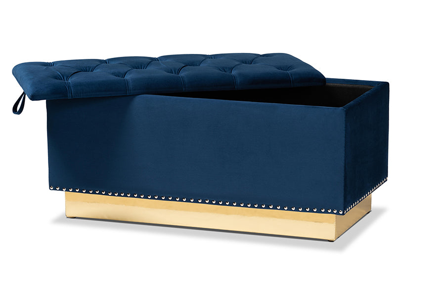baxton studio powell glam and luxe navy blue velvet fabric upholstered and gold pu leather storage ottoman | Modish Furniture Store-3