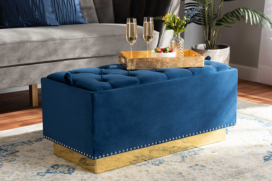Baxton Studio Powell Glam and Luxe Navy Blue Velvet Fabric Upholstered and Gold PU Leather Storage Ottoman | Modishstore | Ottomans
