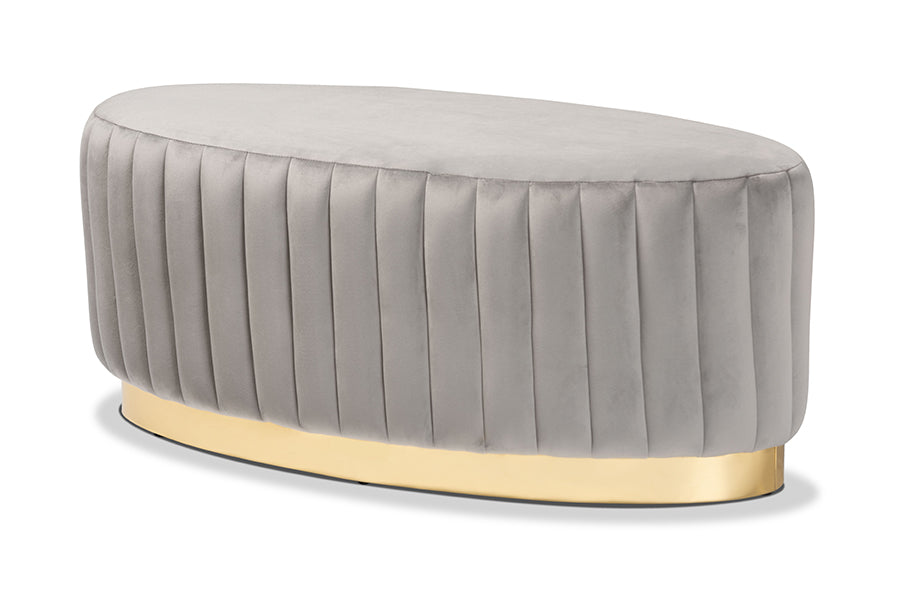 baxton studio kirana glam and luxe grey velvet fabric upholstered and gold pu leather ottoman | Modish Furniture Store-2