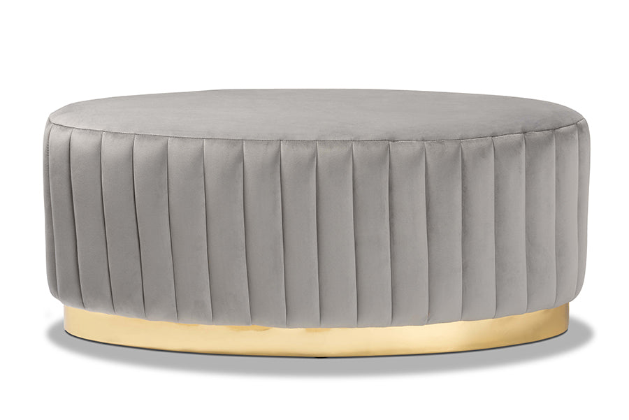 baxton studio kirana glam and luxe grey velvet fabric upholstered and gold pu leather ottoman | Modish Furniture Store-3