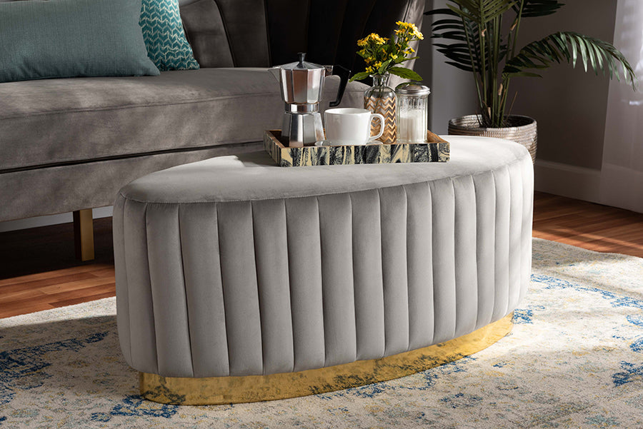 Baxton Studio Kirana Glam and Luxe Grey Velvet Fabric Upholstered and Gold PU Leather Ottoman | Modishstore | Ottomans