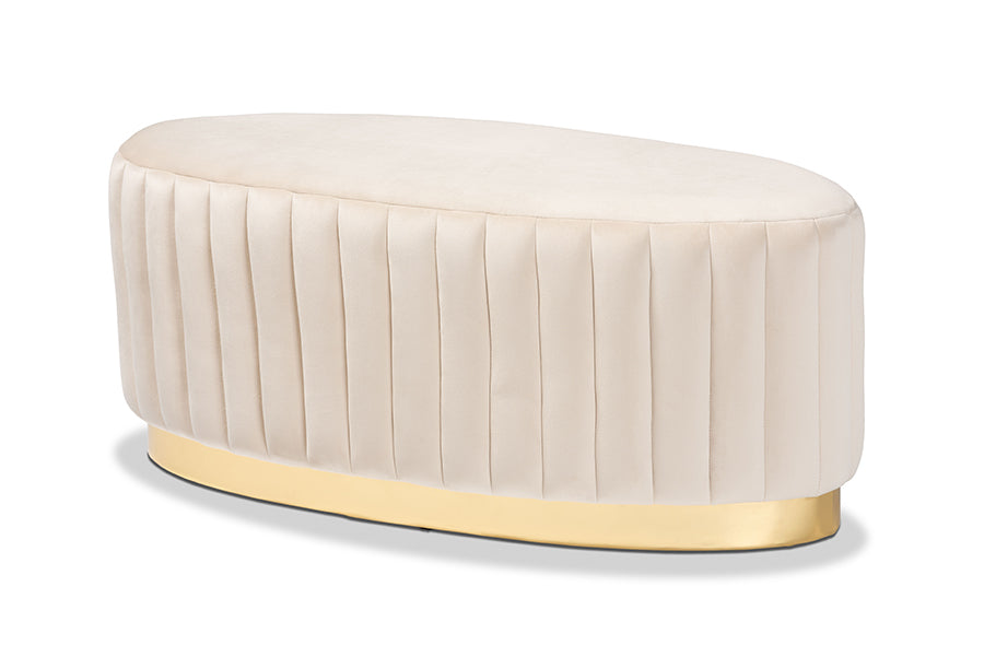 baxton studio kirana glam and luxe beige velvet fabric upholstered and gold pu leather ottoman | Modish Furniture Store-2