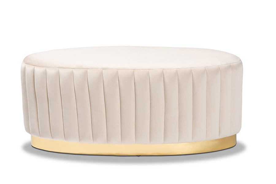 baxton studio kirana glam and luxe beige velvet fabric upholstered and gold pu leather ottoman | Modish Furniture Store-3