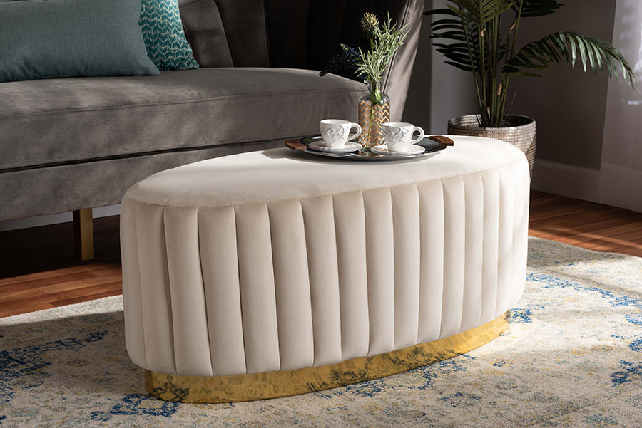 Baxton Studio Kirana Glam and Luxe Beige Velvet Fabric Upholstered and Gold PU Leather Ottoman | Modishstore | Ottomans