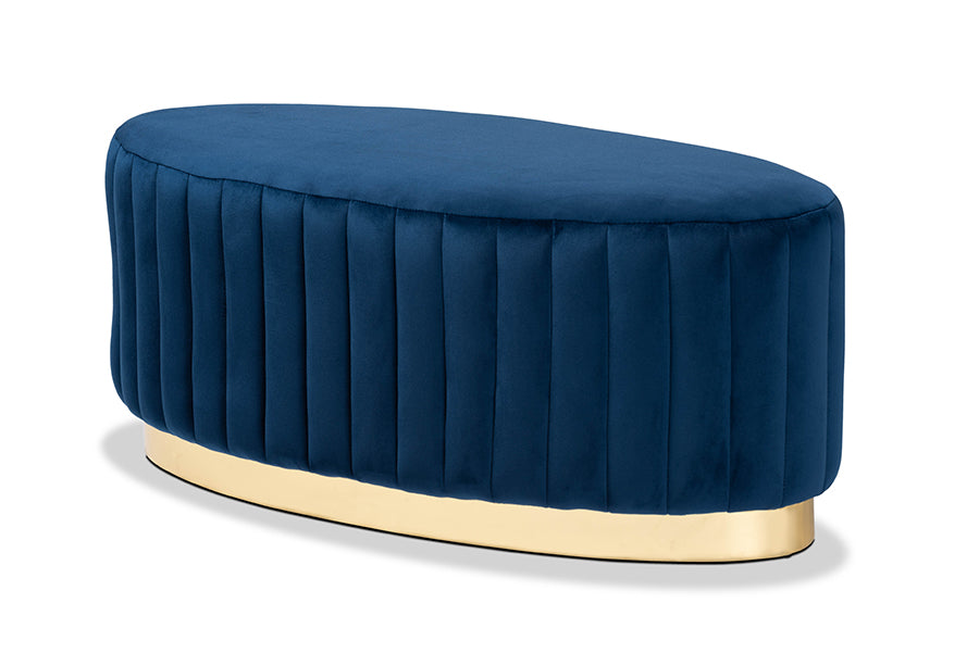 baxton studio kirana glam and luxe navy blue velvet fabric upholstered and gold pu leather ottoman | Modish Furniture Store-2