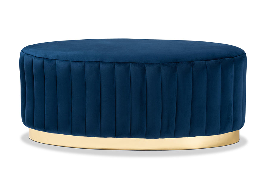 baxton studio kirana glam and luxe navy blue velvet fabric upholstered and gold pu leather ottoman | Modish Furniture Store-3
