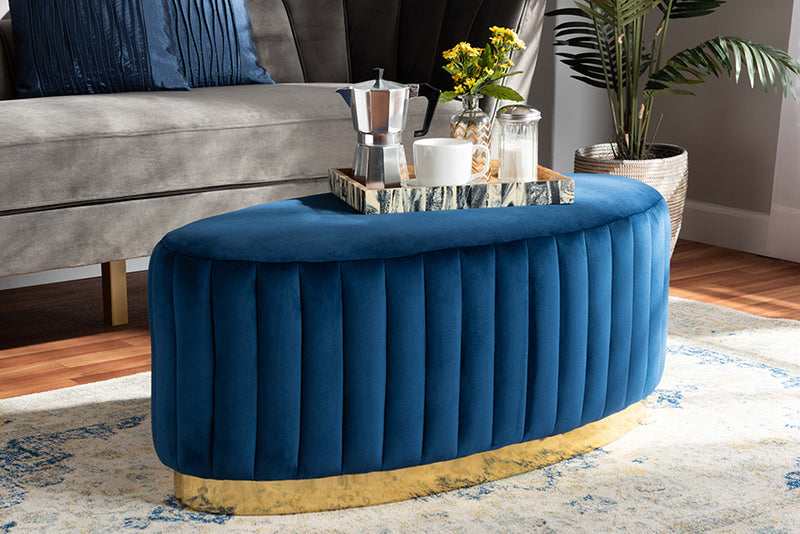 Baxton Studio Kirana Glam and Luxe Navy Blue Velvet Fabric Upholstered and Gold PU Leather Ottoman | Modishstore | Ottomans