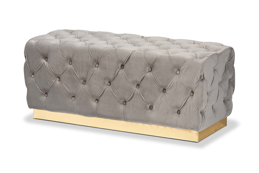 baxton studio corrine glam and luxe grey velvet fabric upholstered and gold pu leather ottoman | Modish Furniture Store-2