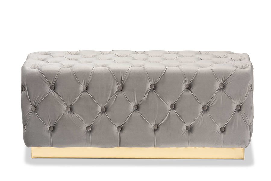 baxton studio corrine glam and luxe grey velvet fabric upholstered and gold pu leather ottoman | Modish Furniture Store-3