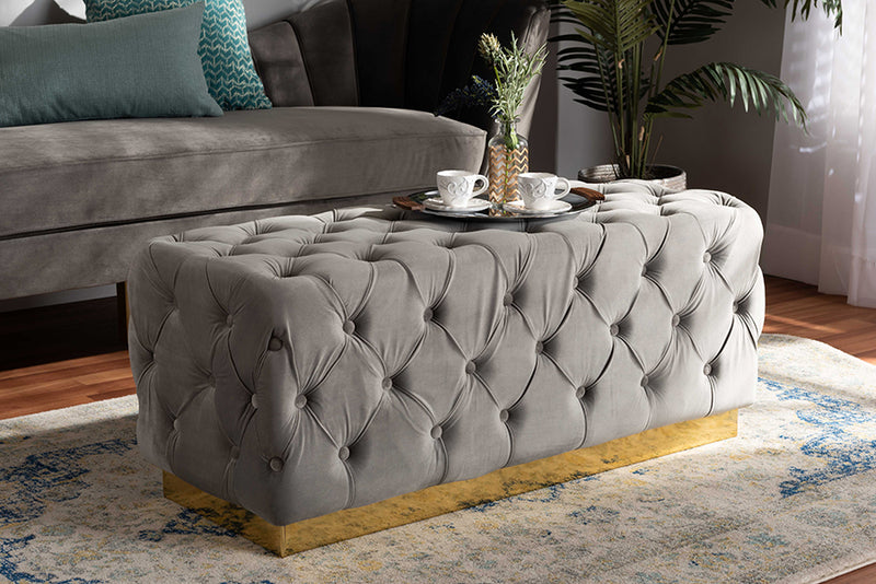 Baxton Studio Corrine Glam and Luxe Grey Velvet Fabric Upholstered and Gold PU Leather Ottoman | Modishstore | Ottomans