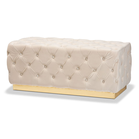 Baxton Studio Corrine Glam and Luxe Beige Velvet Fabric Upholstered and Gold PU Leather Ottoman | Ottomans | Modishstore