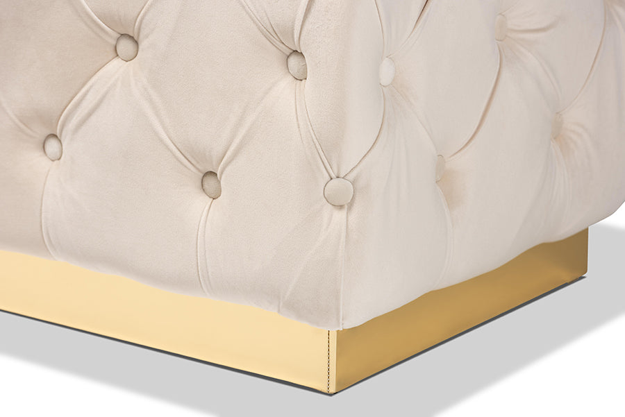 Baxton Studio Corrine Glam and Luxe Beige Velvet Fabric Upholstered and Gold PU Leather Ottoman | Ottomans | Modishstore - 4