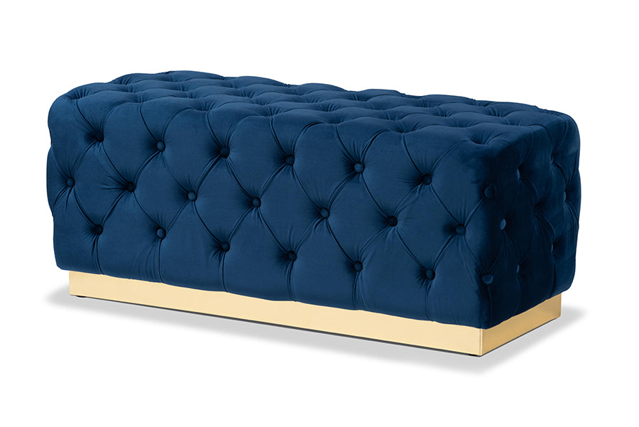 baxton studio corrine glam and luxe navy blue velvet fabric upholstered and gold pu leather ottoman | Modish Furniture Store-2