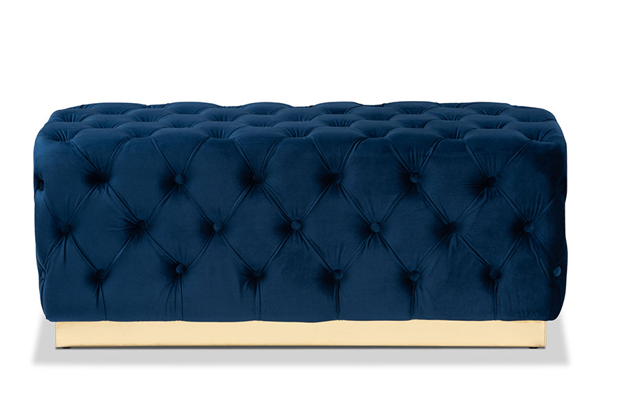 baxton studio corrine glam and luxe navy blue velvet fabric upholstered and gold pu leather ottoman | Modish Furniture Store-3