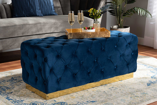 Baxton Studio Corrine Glam and Luxe Navy Blue Velvet Fabric Upholstered and Gold PU Leather Ottoman | Modishstore | Ottomans