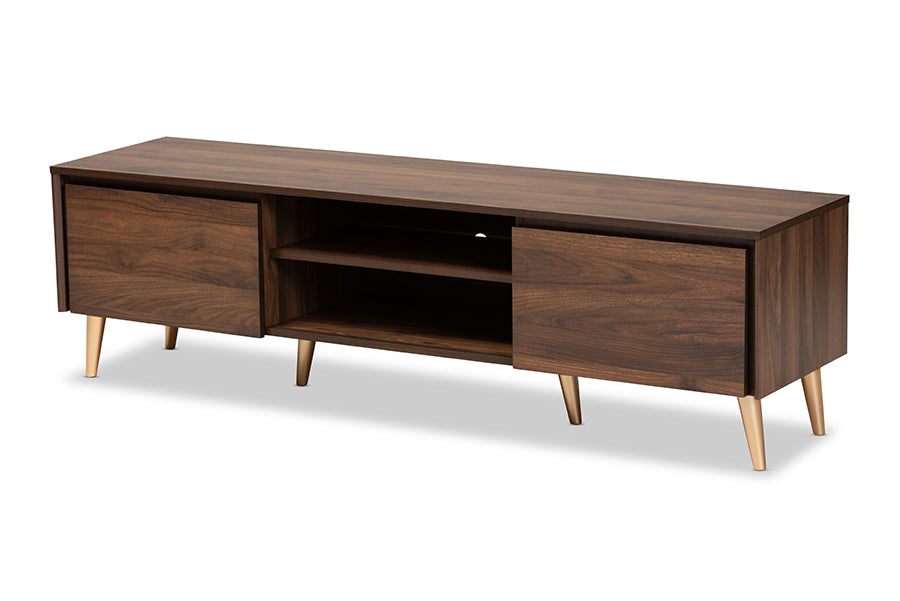 baxton studio landen mid century modern walnut brown and gold finished wood tv stand | Modish Furniture Store-2