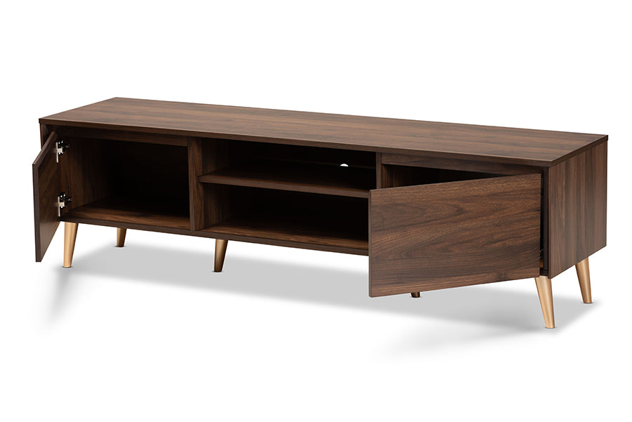 baxton studio landen mid century modern walnut brown and gold finished wood tv stand | Modish Furniture Store-3