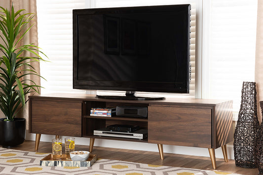 Baxton Studio Landen Mid-Century Modern Walnut Brown and Gold Finished Wood TV Stand | Modishstore | TV Stands