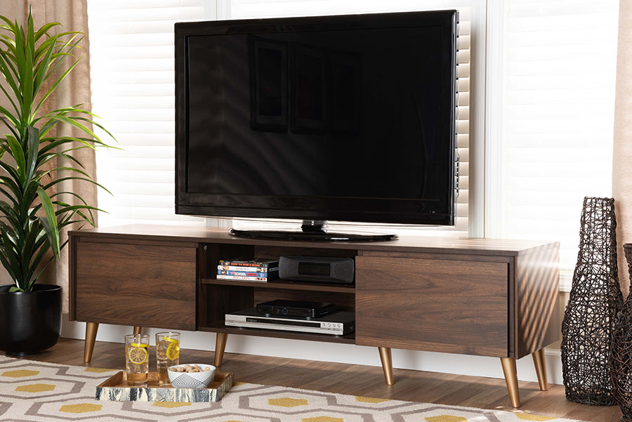 Baxton Studio Landen Mid-Century Modern Walnut Brown and Gold Finished Wood TV Stand | Modishstore | TV Stands
