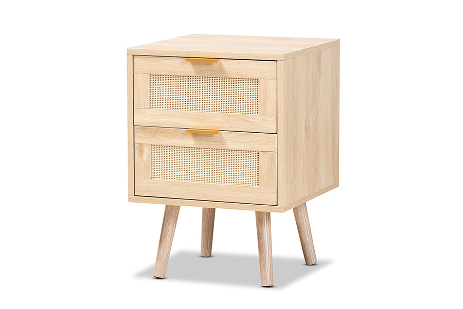 baxton studio baird mid century modern light oak brown finished wood and rattan 2 drawer nightstand | Modish Furniture Store-2